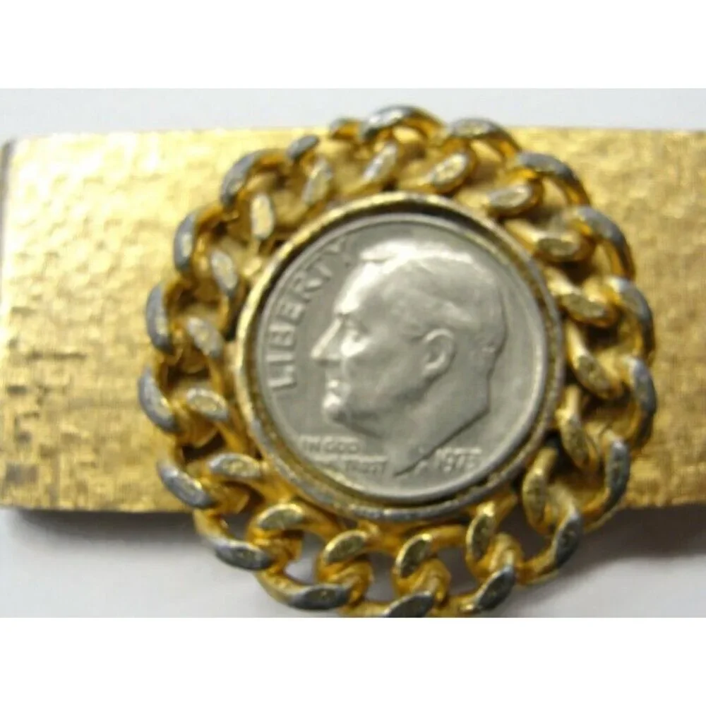 Money Clip Roosevelt Dime 1973 Gold Tone Credit Card Cash ID Holder